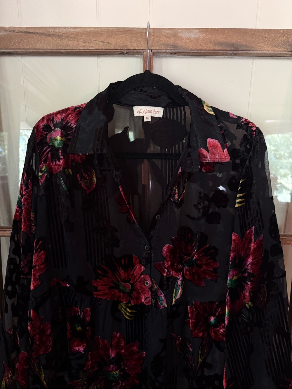 All About Her Black Burnout Velvet Floral Tunic Mini Dress Boho Romantic - M - Picture 4 of 7
